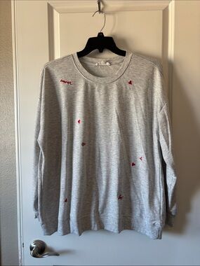 Light Gray Crewneck Sweatshirt with Red Heart Embroidery
